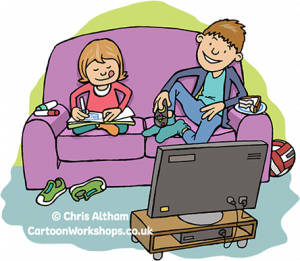 Cartoon of sister and brother sitting on a settee