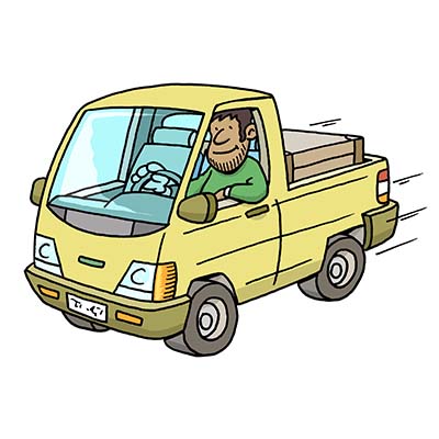 Man in a small pickup truck cartoon