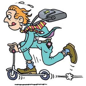City Office Worker speeding to work on scooter cartoon