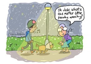 Late night dog walk cartoon, dog has a cone over it's head, lady is concerned for the dog