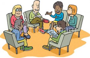 group therapy peer support wellbeing cartoon for mental health and AA meeting cartoon