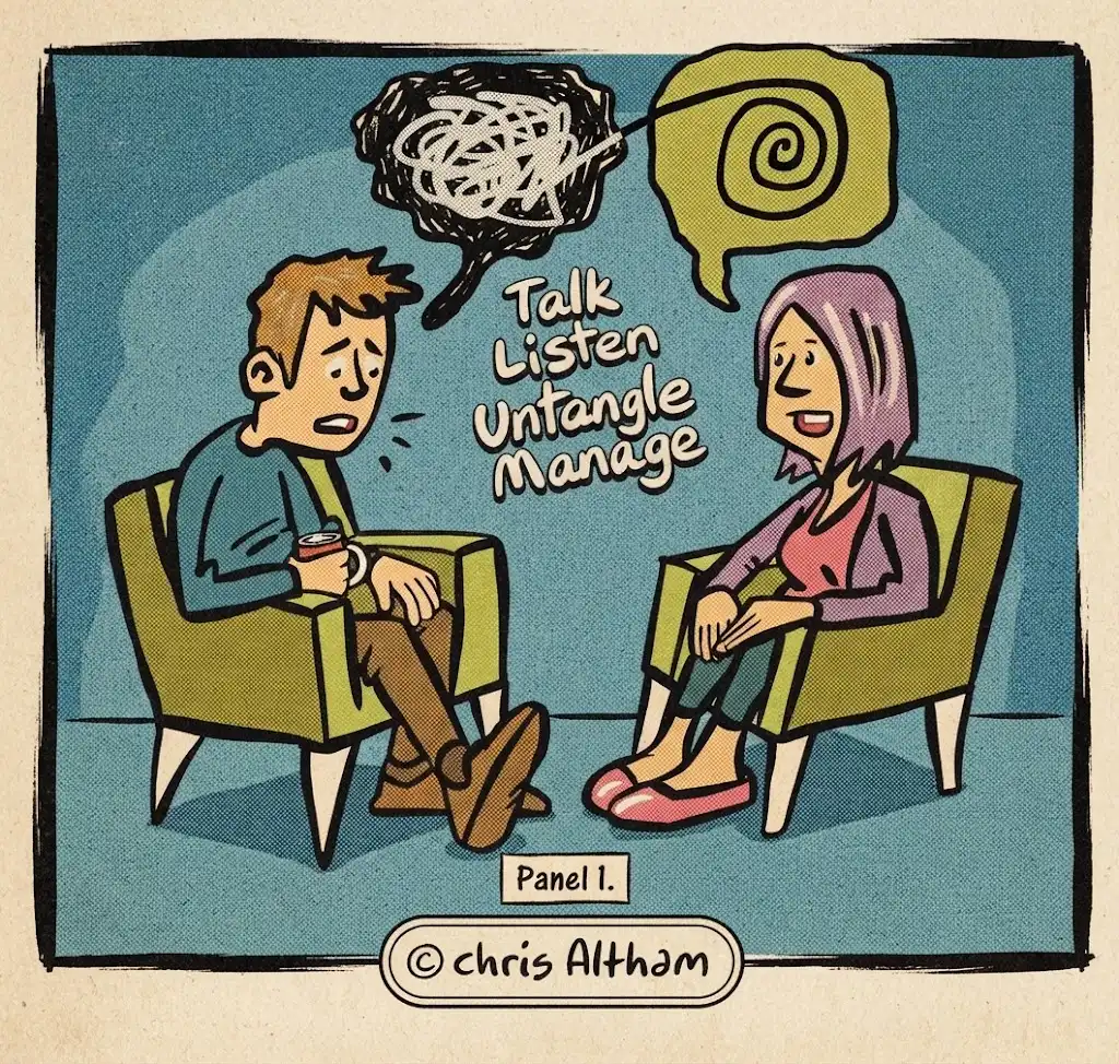 121 Mental Health Support Meeting Cartoon - classic comic style