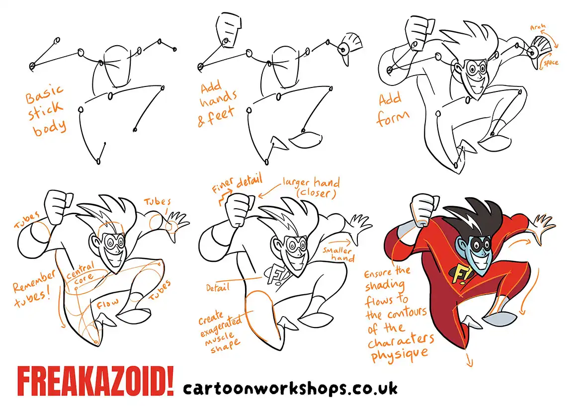 Cartoon Workshops Sheet - how to draw Freakazoid copy Cartoon Workshops in schools