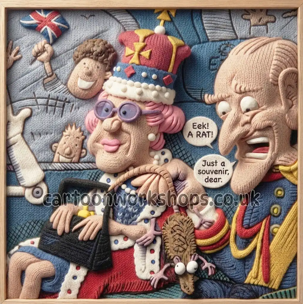 Queen Elizabeth and Duke of Edinburgh Cartoon - digital render fine knit Cartoon Workshops in schools